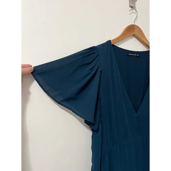 Abercrombie & Fitch Navy Blue Flutter Sleeve Tiered Midi Dress Women XL - Picture 5 of 7